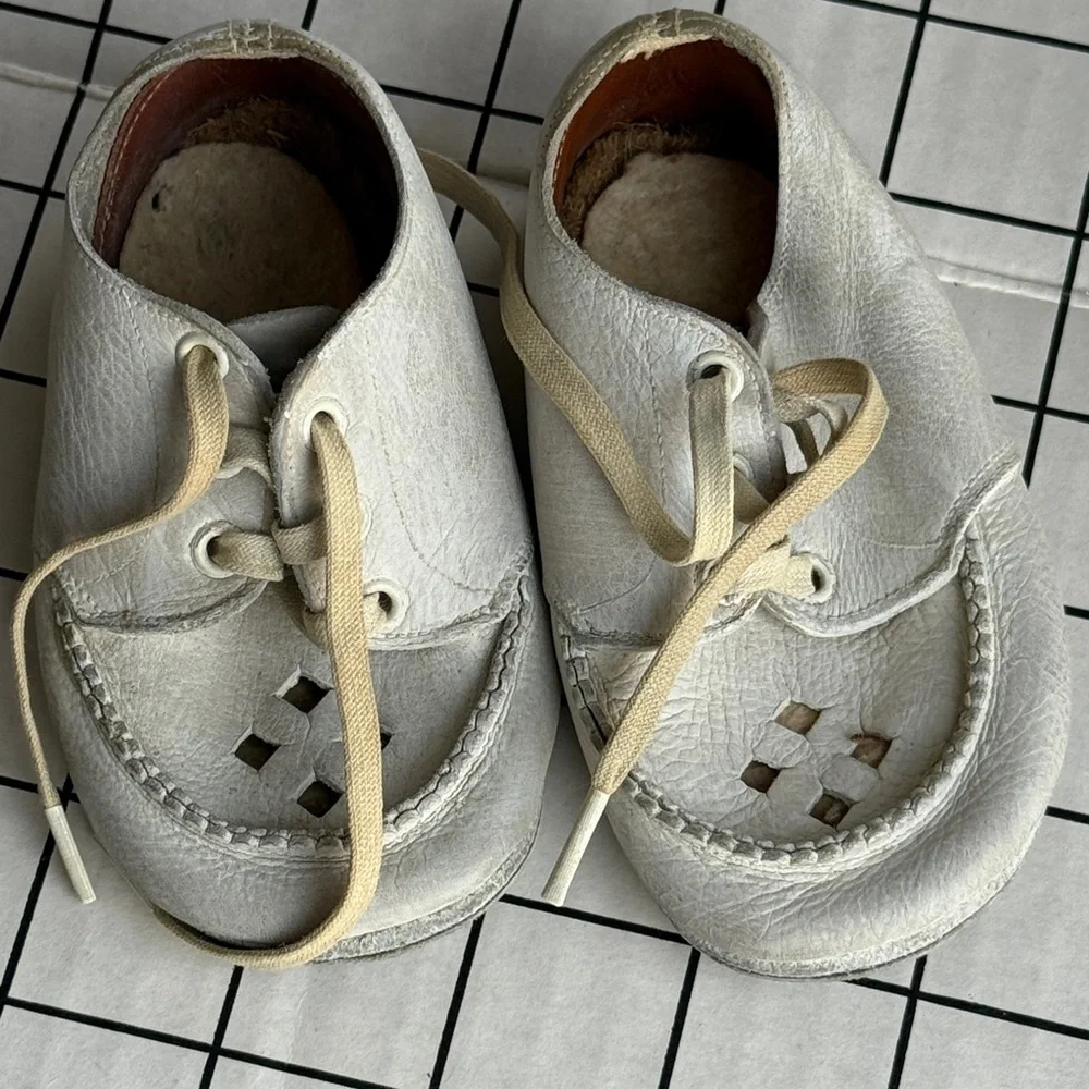 Vintage Ideal Baby Shoes White Leather Lace Up Christening Prewalker 1950s
